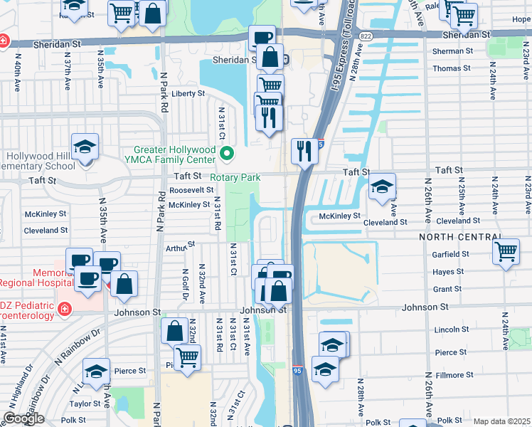 map of restaurants, bars, coffee shops, grocery stores, and more near 1338 North 30th Road in Hollywood