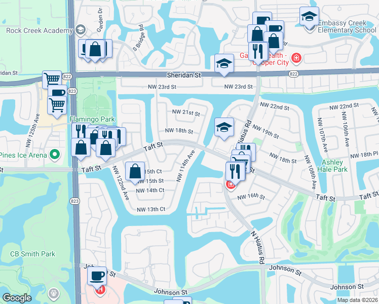 map of restaurants, bars, coffee shops, grocery stores, and more near 1640 Northwest 114th Avenue in Pembroke Pines