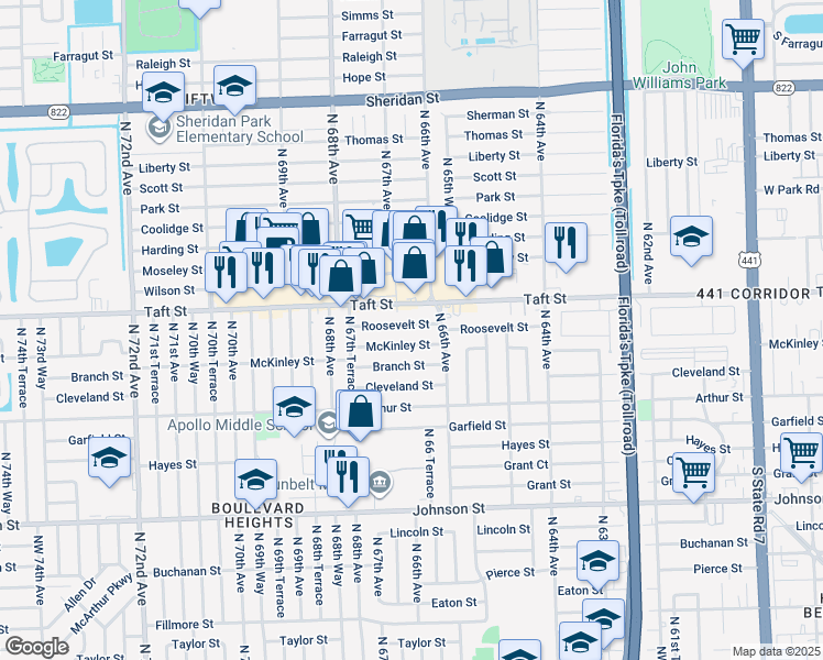 map of restaurants, bars, coffee shops, grocery stores, and more near 6650 Roosevelt Street in Hollywood
