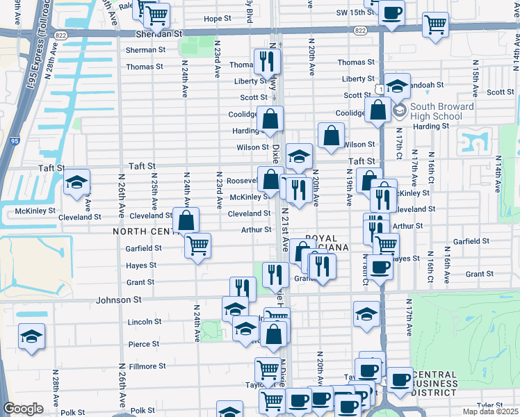 map of restaurants, bars, coffee shops, grocery stores, and more near 2131 Cleveland Street in Hollywood