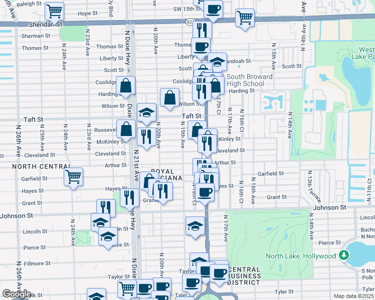 map of restaurants, bars, coffee shops, grocery stores, and more near 1843 Cleveland Street in Hollywood