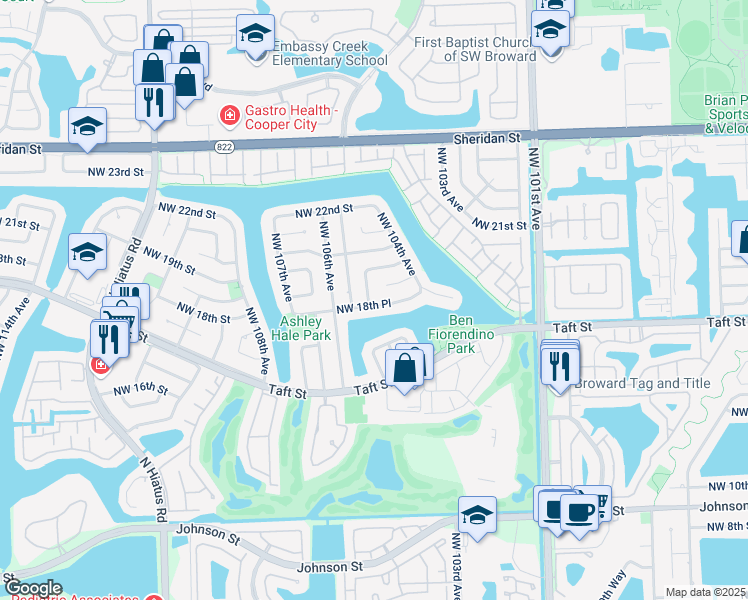map of restaurants, bars, coffee shops, grocery stores, and more near 10481 Northwest 18th Place in Pembroke Pines