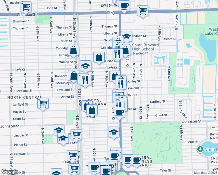 map of restaurants, bars, coffee shops, grocery stores, and more near 1843 Cleveland Street in Hollywood