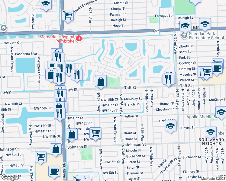 map of restaurants, bars, coffee shops, grocery stores, and more near 7650 Taft Street in Pembroke Pines