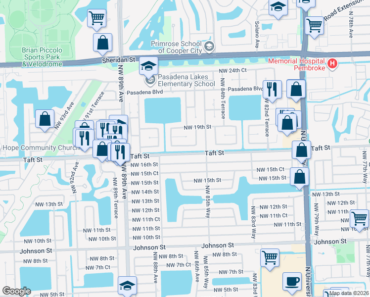 map of restaurants, bars, coffee shops, grocery stores, and more near 8630 Northwest 17th Court in Pembroke Pines