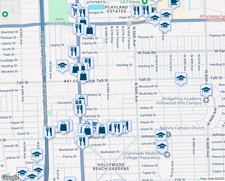 map of restaurants, bars, coffee shops, grocery stores, and more near 5739 McKinley Street in Hollywood