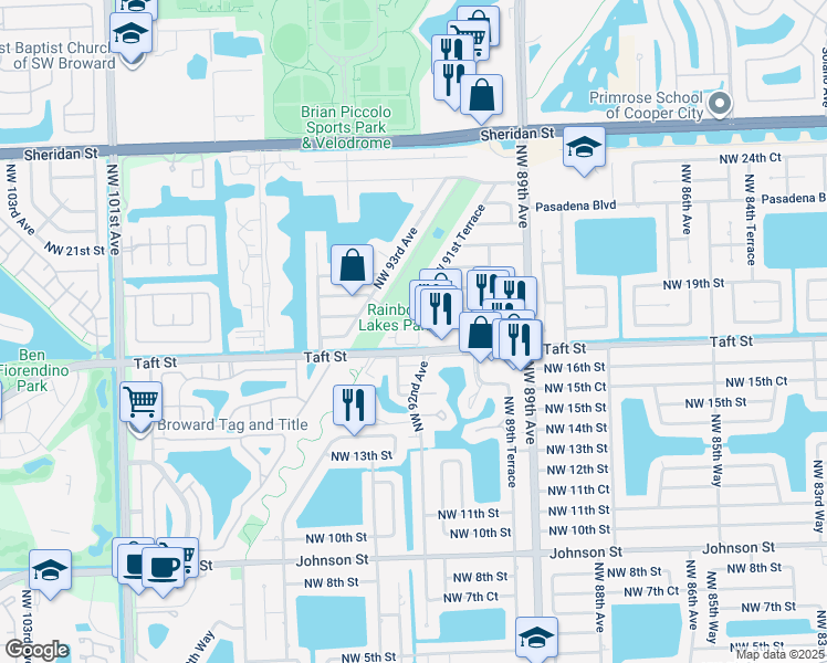 map of restaurants, bars, coffee shops, grocery stores, and more near 1760 Northwest 92nd Avenue in Pembroke Pines