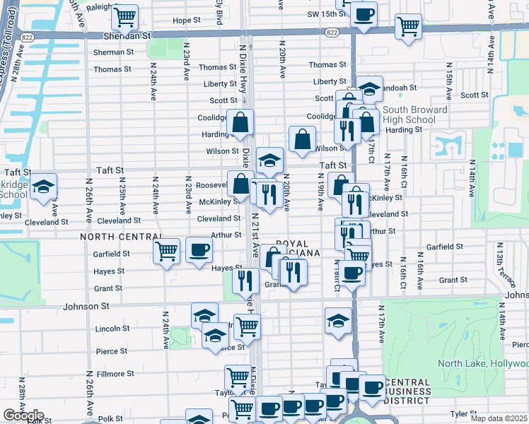 map of restaurants, bars, coffee shops, grocery stores, and more near 2001 Cleveland Street in Hollywood