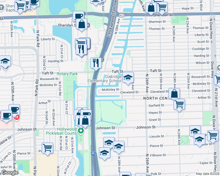 map of restaurants, bars, coffee shops, grocery stores, and more near 2823 McKinley Street in Hollywood