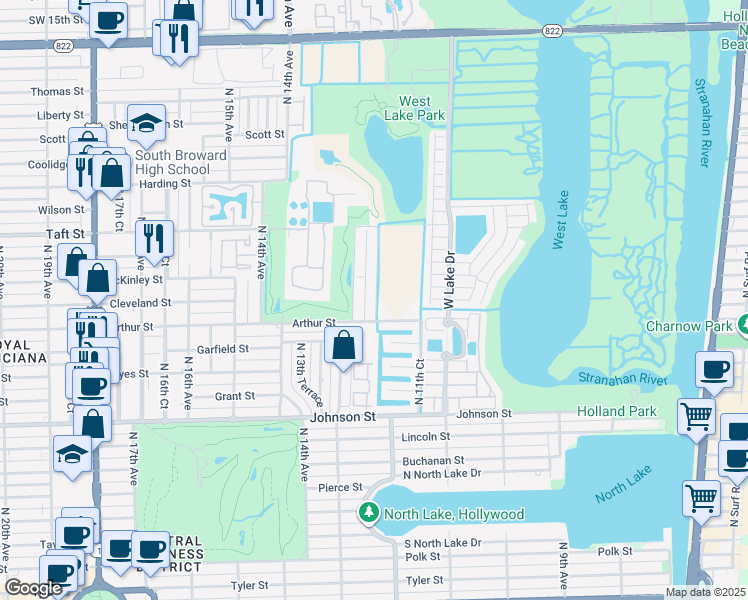 map of restaurants, bars, coffee shops, grocery stores, and more near 1351 North 12th Court in Hollywood