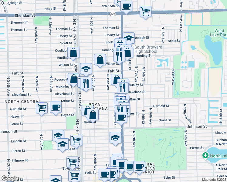 map of restaurants, bars, coffee shops, grocery stores, and more near 1843 Cleveland Street in Hollywood