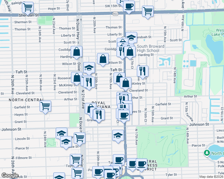 map of restaurants, bars, coffee shops, grocery stores, and more near 1843 Cleveland Street in Hollywood