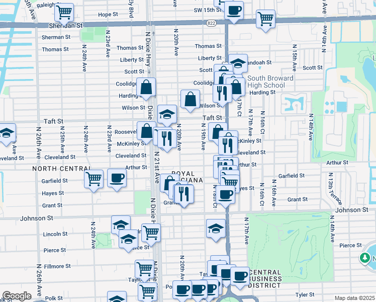 map of restaurants, bars, coffee shops, grocery stores, and more near 1935 Cleveland Street in Hollywood