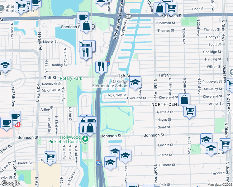 map of restaurants, bars, coffee shops, grocery stores, and more near 2823 McKinley Street in Hollywood