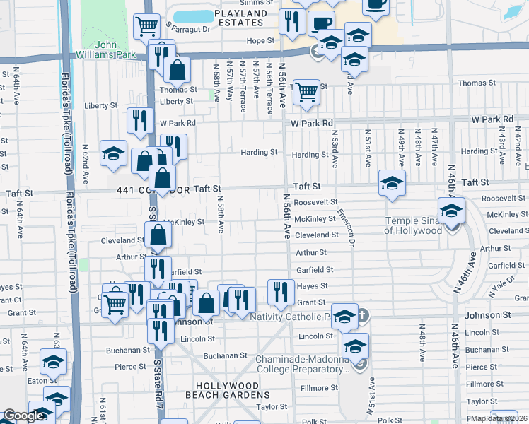 map of restaurants, bars, coffee shops, grocery stores, and more near 5701 McKinley Street in Hollywood
