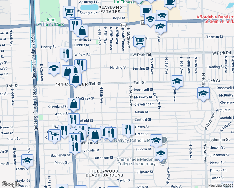 map of restaurants, bars, coffee shops, grocery stores, and more near 5701 McKinley Street in Hollywood