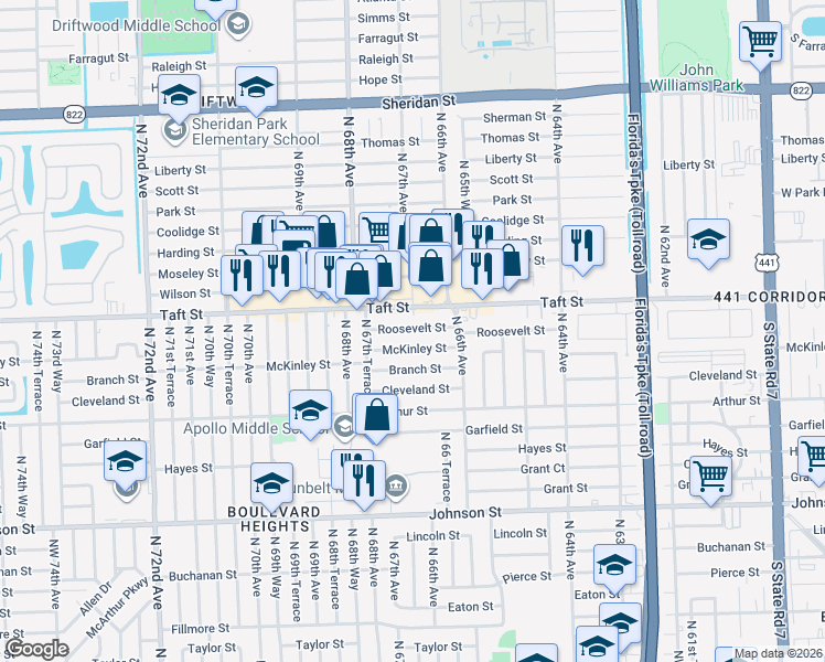 map of restaurants, bars, coffee shops, grocery stores, and more near 6650 Roosevelt Street in Hollywood