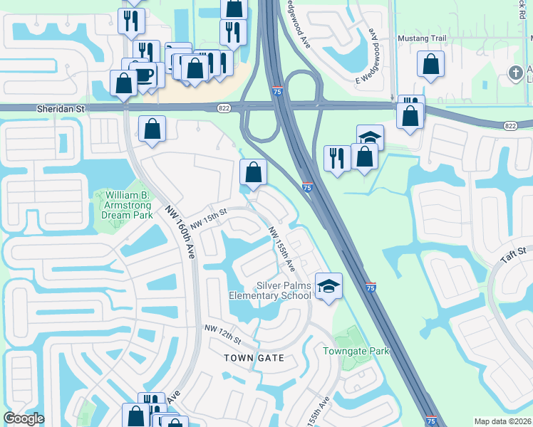 map of restaurants, bars, coffee shops, grocery stores, and more near 1455 Northwest 153rd Lane in Pembroke Pines