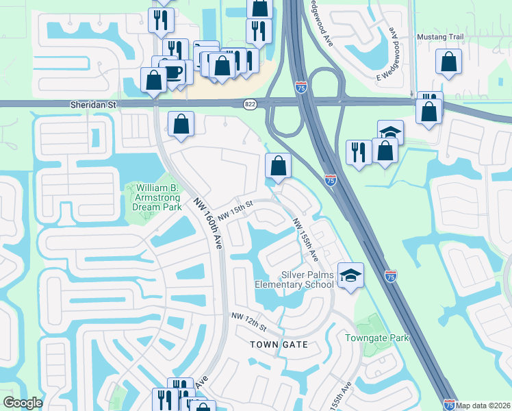 map of restaurants, bars, coffee shops, grocery stores, and more near 15875 Northwest 14th Road in Pembroke Pines