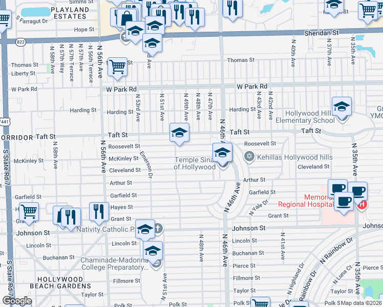 map of restaurants, bars, coffee shops, grocery stores, and more near 4907 McKinley Street in Hollywood