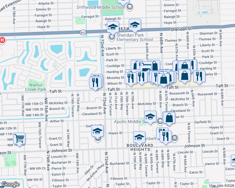 map of restaurants, bars, coffee shops, grocery stores, and more near 1611 North 71st Avenue in Hollywood