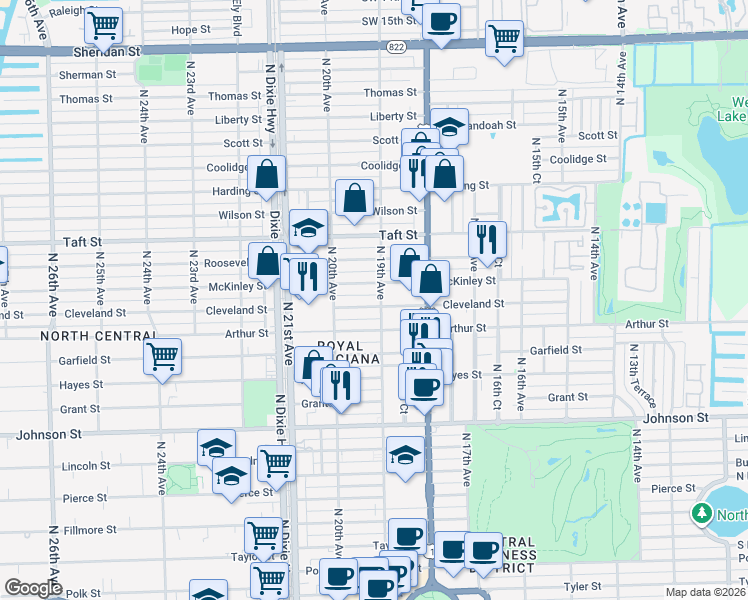 map of restaurants, bars, coffee shops, grocery stores, and more near 1843 Cleveland Street in Hollywood