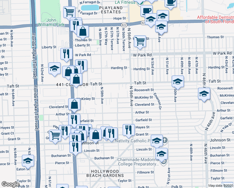 map of restaurants, bars, coffee shops, grocery stores, and more near 5701 McKinley Street in Hollywood