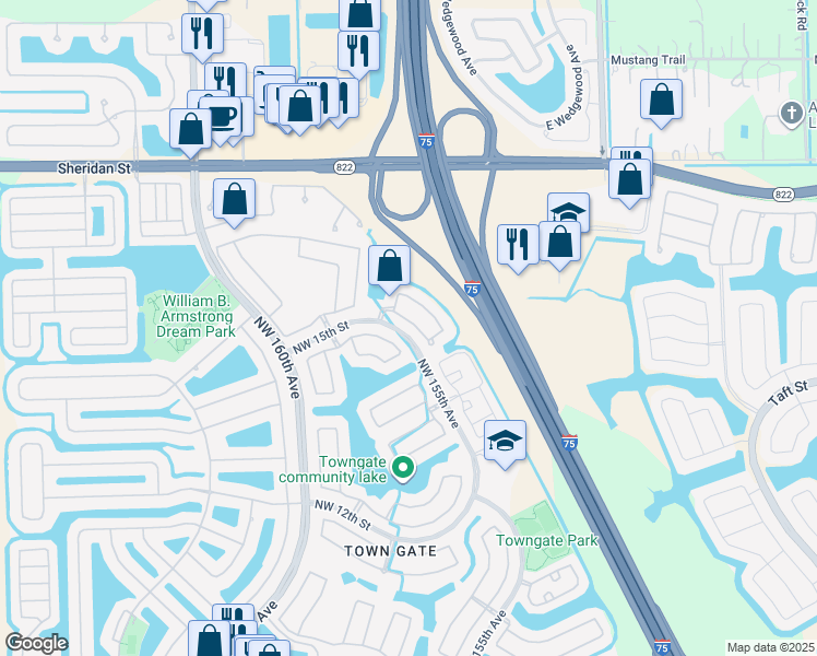 map of restaurants, bars, coffee shops, grocery stores, and more near 1455 Northwest 153rd Lane in Pembroke Pines