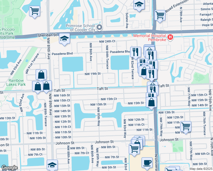 map of restaurants, bars, coffee shops, grocery stores, and more near 8480 Northwest 17th Court in Pembroke Pines