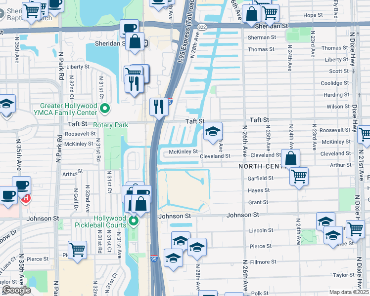 map of restaurants, bars, coffee shops, grocery stores, and more near 2823 McKinley St in Hollywood