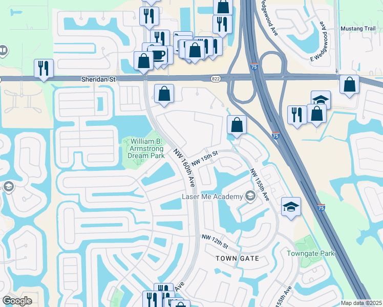 map of restaurants, bars, coffee shops, grocery stores, and more near 1503 Northwest 159th Lane in Pembroke Pines