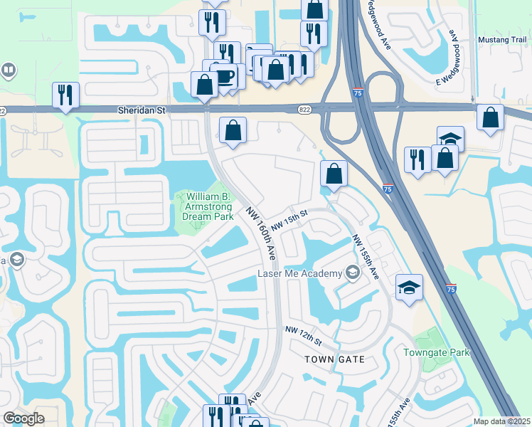 map of restaurants, bars, coffee shops, grocery stores, and more near 1503 Northwest 159th Lane in Pembroke Pines