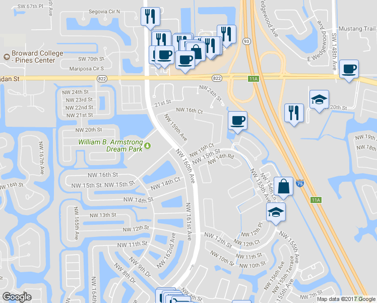 map of restaurants, bars, coffee shops, grocery stores, and more near 1503 Northwest 159th Lane in Pembroke Pines