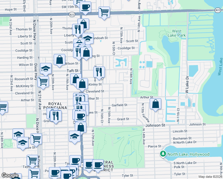 map of restaurants, bars, coffee shops, grocery stores, and more near 1538 Cleveland Street in Hollywood