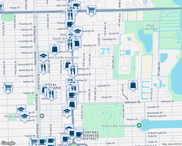 map of restaurants, bars, coffee shops, grocery stores, and more near 1628 Cleveland Street in Hollywood