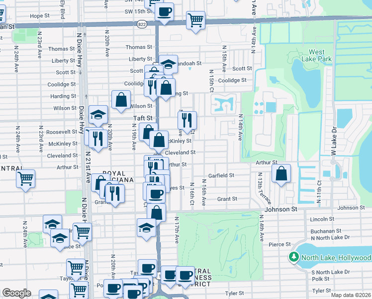 map of restaurants, bars, coffee shops, grocery stores, and more near 1628 Cleveland Street in Hollywood