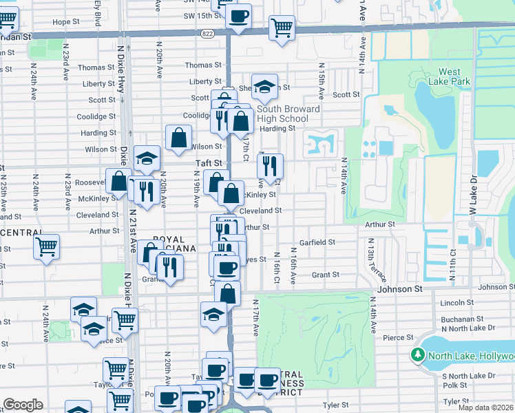 map of restaurants, bars, coffee shops, grocery stores, and more near 1723 Cleveland Street in Hollywood
