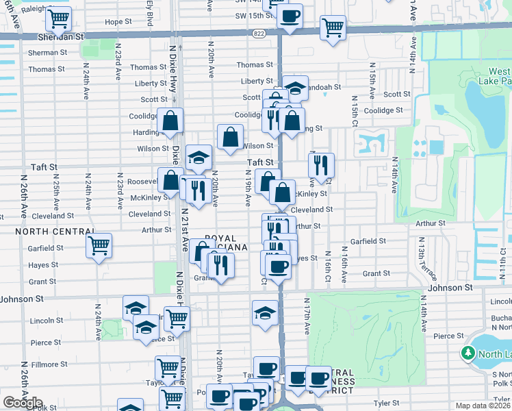 map of restaurants, bars, coffee shops, grocery stores, and more near 1843 Cleveland Street in Hollywood