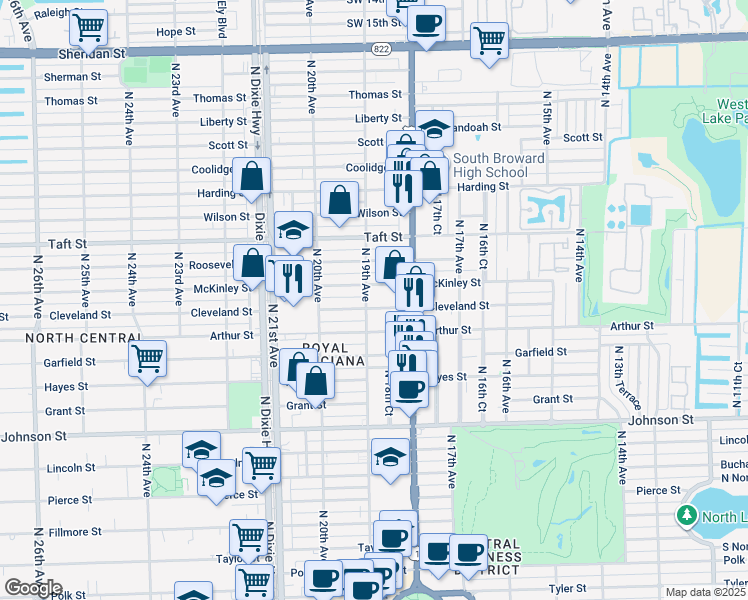 map of restaurants, bars, coffee shops, grocery stores, and more near 1843 Cleveland Street in Hollywood