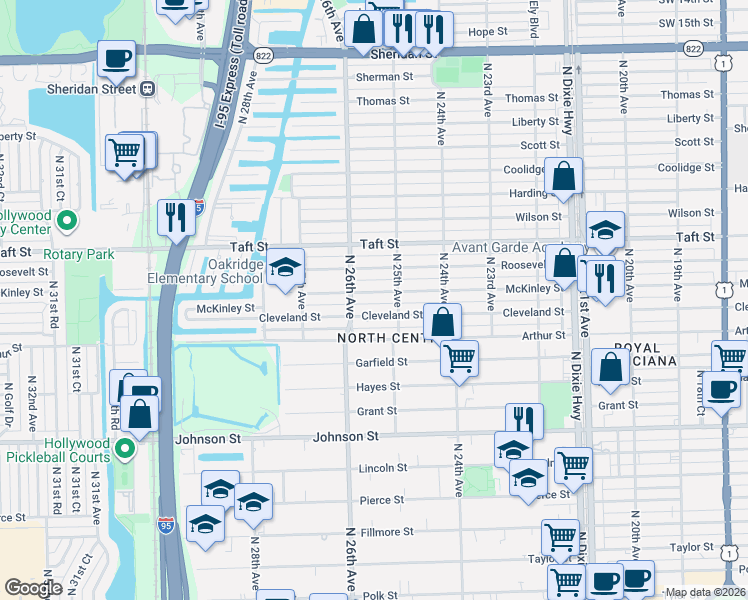 map of restaurants, bars, coffee shops, grocery stores, and more near 2525 Cleveland Street in Hollywood