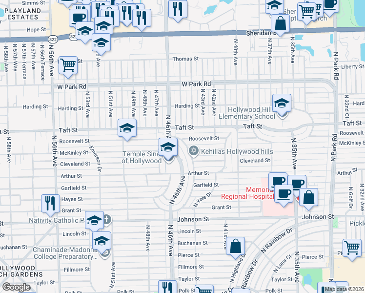 map of restaurants, bars, coffee shops, grocery stores, and more near 1500 East Hawthorne Circle in Hollywood
