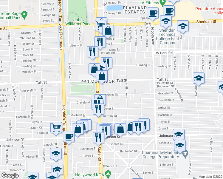 map of restaurants, bars, coffee shops, grocery stores, and more near 1510 North 59th Terrace in Hollywood