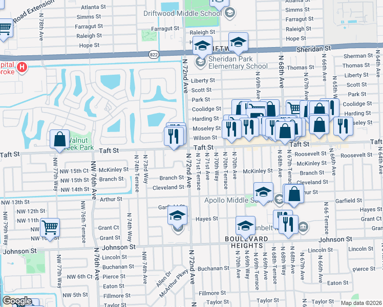 map of restaurants, bars, coffee shops, grocery stores, and more near 1611 North 72nd Avenue in Hollywood