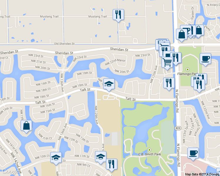 map of restaurants, bars, coffee shops, grocery stores, and more near 12954 Northwest 18th Court in Pembroke Pines