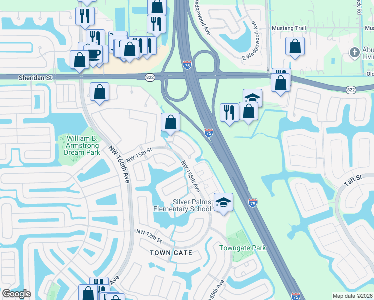 map of restaurants, bars, coffee shops, grocery stores, and more near 1455 Northwest 153rd Lane in Pembroke Pines