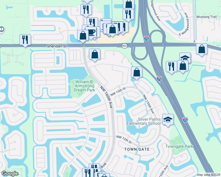 map of restaurants, bars, coffee shops, grocery stores, and more near 1503 Northwest 159th Lane in Pembroke Pines