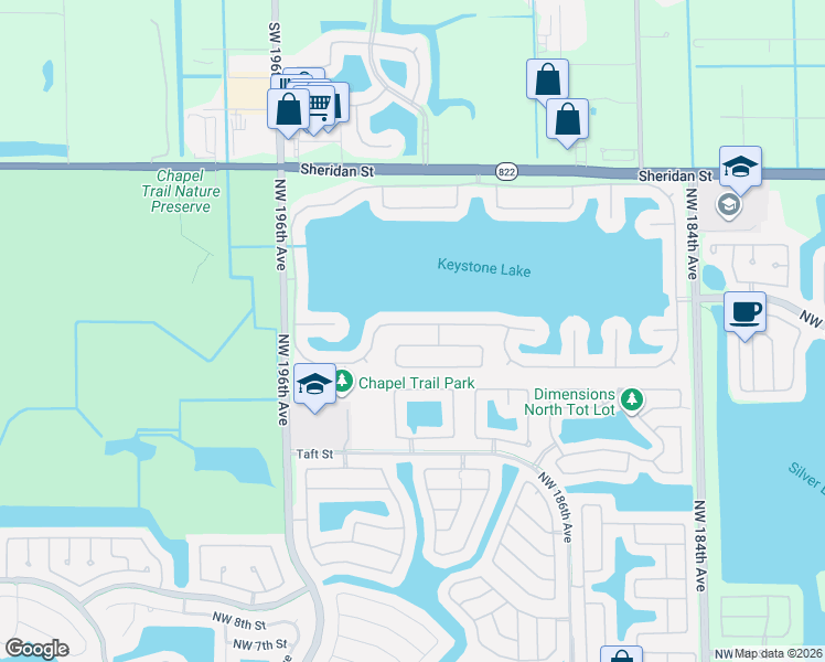 map of restaurants, bars, coffee shops, grocery stores, and more near 19175 Northwest 23rd Court in Pembroke Pines