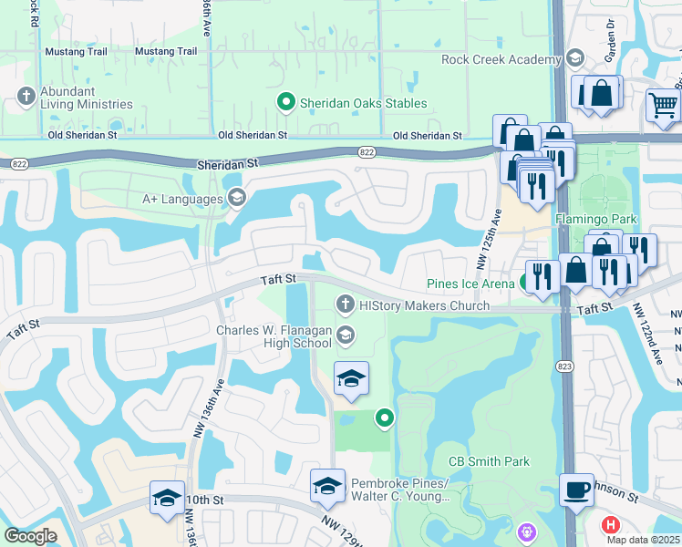 map of restaurants, bars, coffee shops, grocery stores, and more near 12962 Northwest 18th Court in Pembroke Pines
