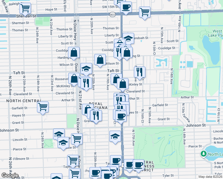 map of restaurants, bars, coffee shops, grocery stores, and more near 1843 Cleveland Street in Hollywood