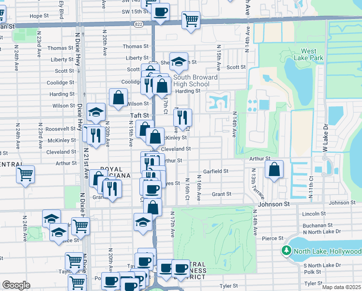 map of restaurants, bars, coffee shops, grocery stores, and more near 1628 Cleveland Street in Hollywood